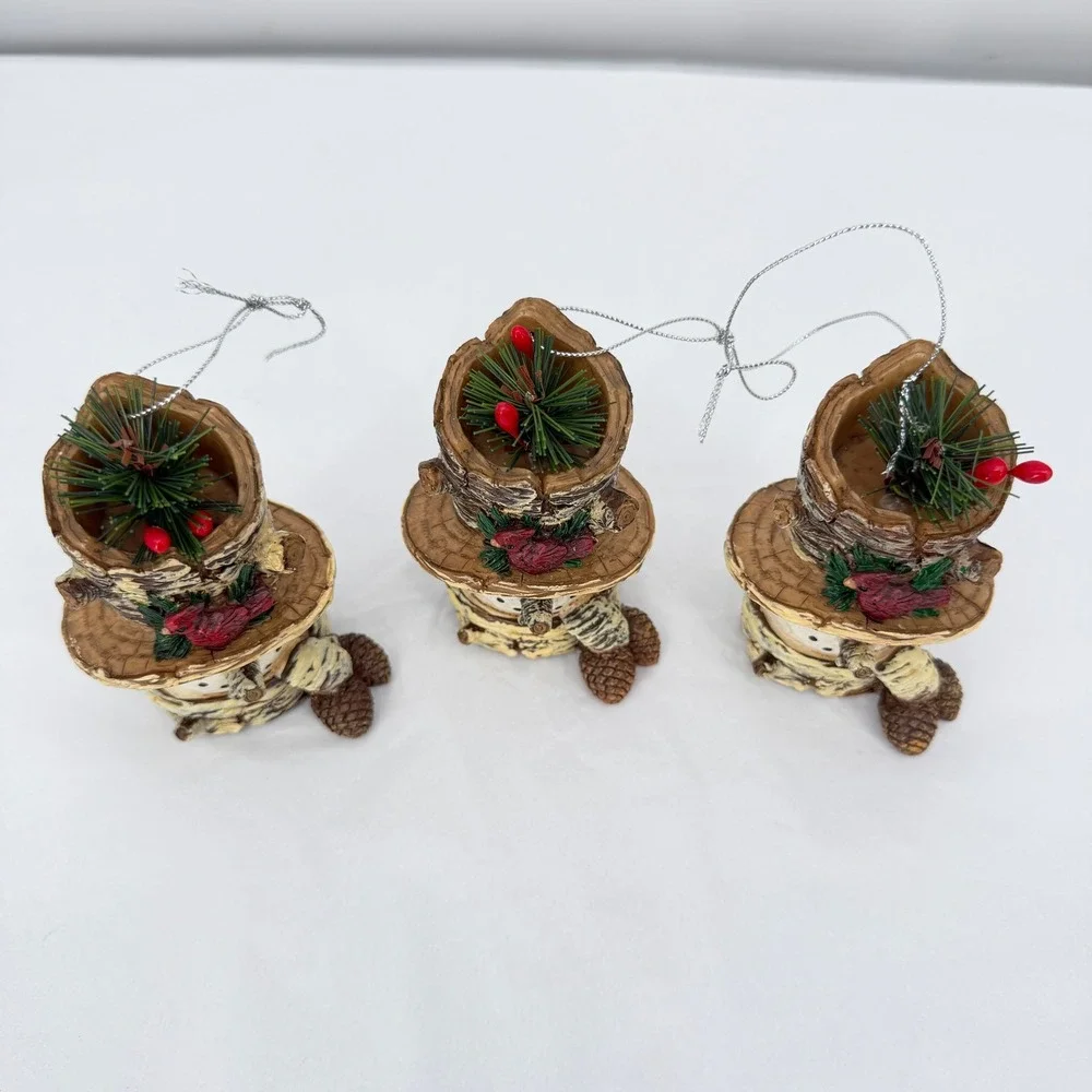 Snowman Christmas Holiday Ornaments Birch Bark‎ Cardinal Pinecone Rustic 3pc Set